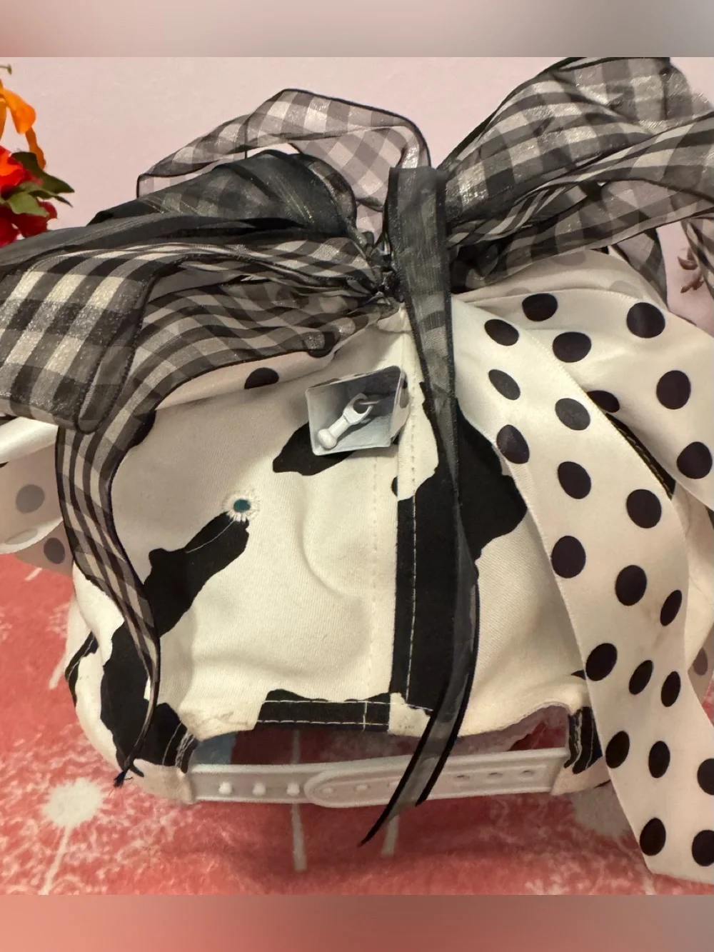 Floral Cow-Themed Party Hat with Black & White Ribbon